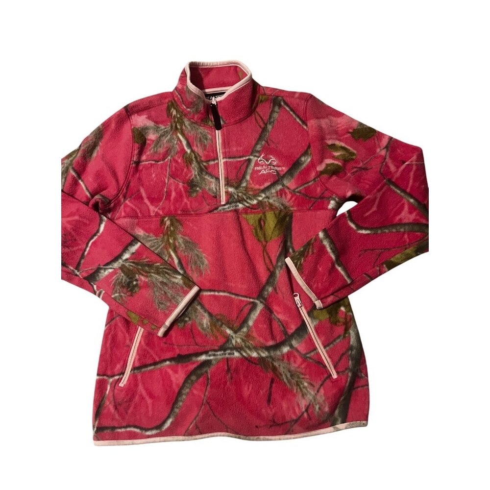 Realtree Pullover Quarter Zip Womens Small Fleece Pink Green Pockets Thumbholes